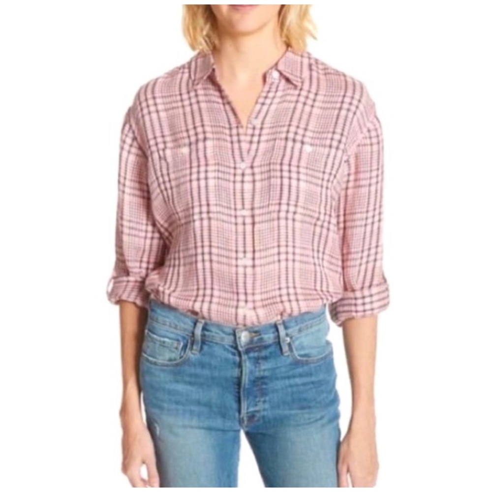 Joie Lidelle Plaid Linen Button Down Women’s Shirt in Pink Size Large